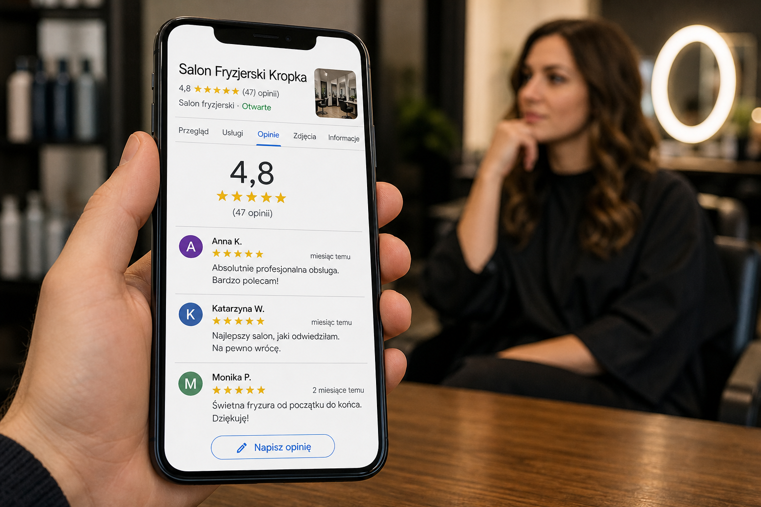 Telefon z opiniami w wizytówce Google