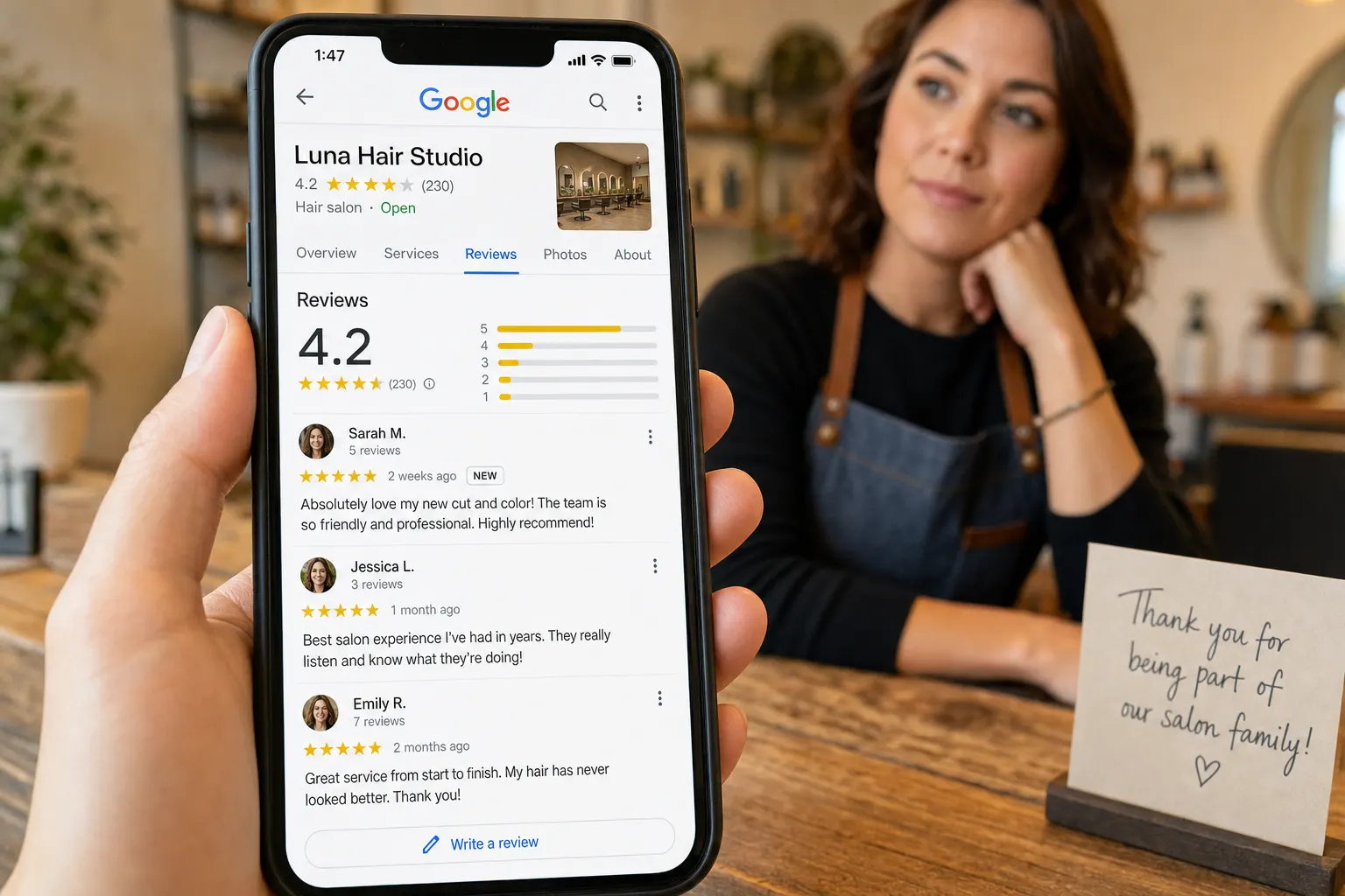 Telefon z opiniami w wizytówce Google i przyciskiem wystawienia opinii
